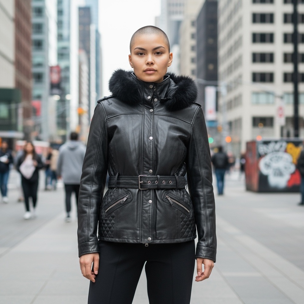 Elegant Black Leather Jacket with Fur Trim